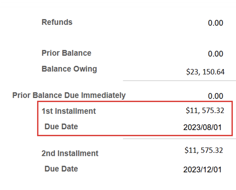 First tuition installment and due date