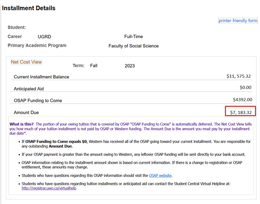 Tuition installment details