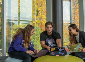A group of students sitting on their laptops in an open study space